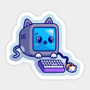 Cute Cat Computer With Mouse Cartoon Sticker